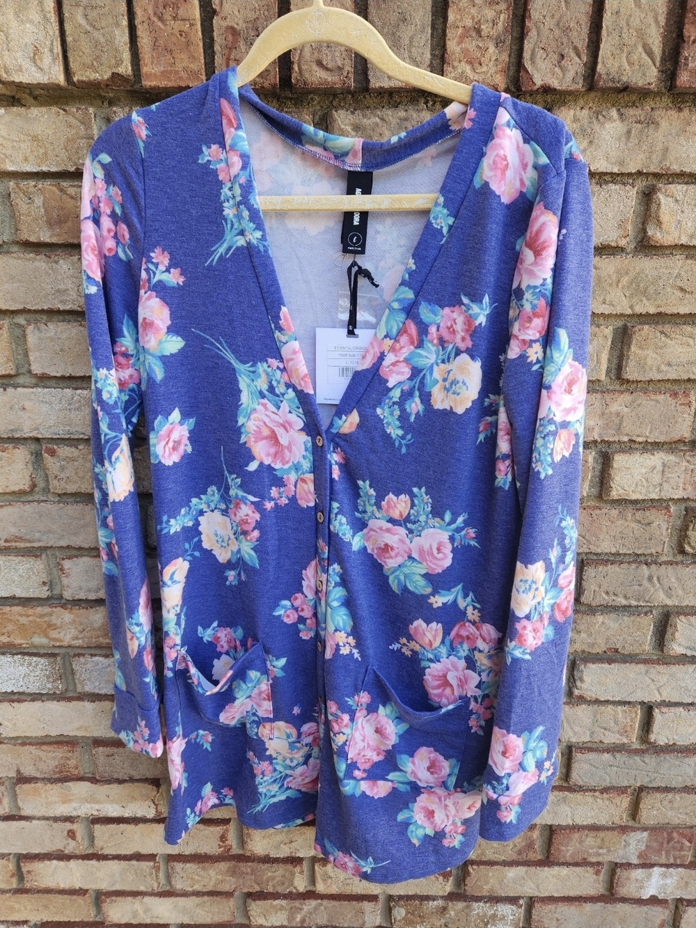 New Women's Agnes Dora Boutique Peach Buds Purple Pink Soft Pocket Cardigan, L